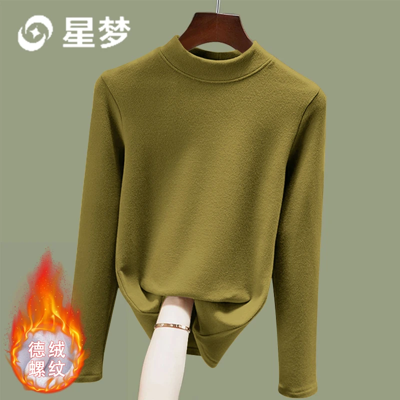 纯色修身长袖双面德绒打底衫洋气保暖秋冬季新款圆领妈妈装上衣潮