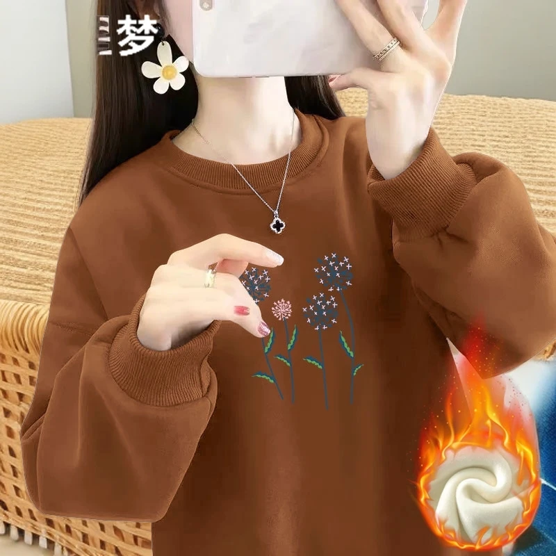 秋冬女装显瘦圆领卫衣2024新款加绒加厚精美印花宽松套头长袖上衣