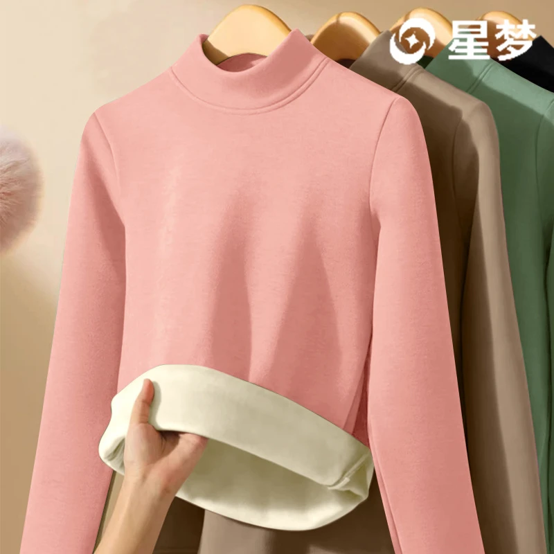 2024新款螺纹AB德绒打底衫女秋冬季ins内搭半高领修身长袖t恤上衣
