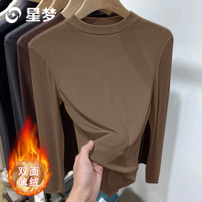 加绒气质内搭打底衫女新款秋冬季韩版修身螺纹长袖T恤洋气外穿上