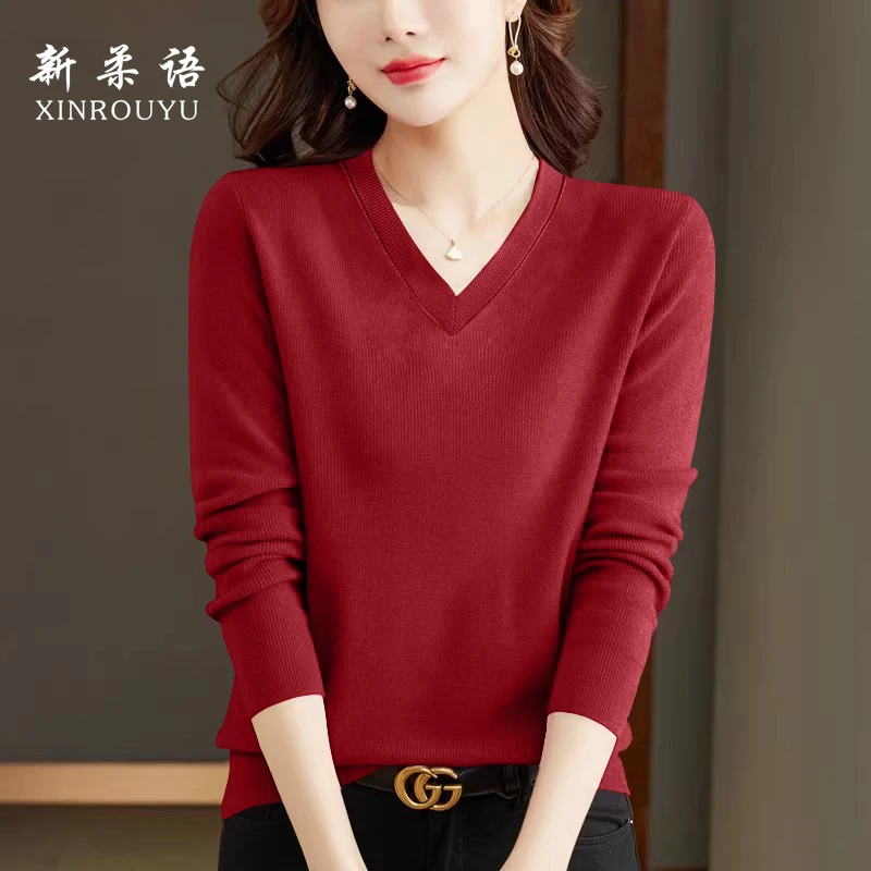 秋冬季2025新款长袖T恤小众百搭甜美风设计感正肩女士V领修身上衣