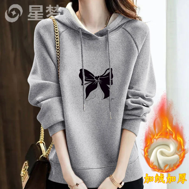 秋冬款设计感连帽加绒卫衣女士宽松大码显瘦气质时尚韩版上衣ins