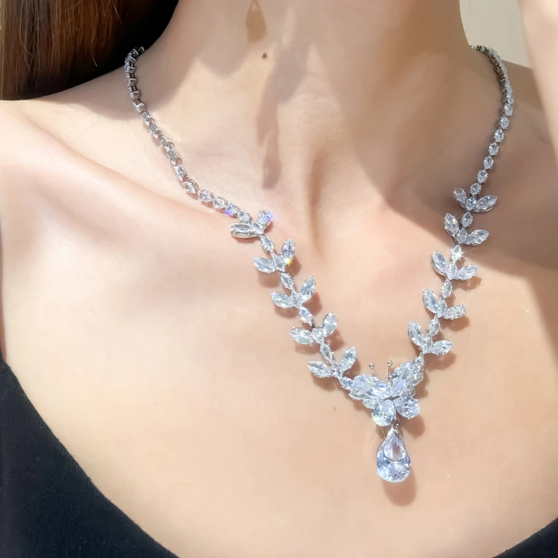 铜合金合成锆石耳饰 白色蝴蝶水晶套装耳环项链耳饰网红爆款饰品