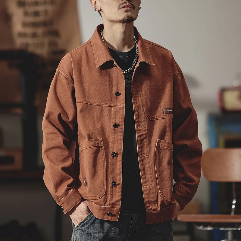 水洗工艺多口袋工装牛仔翻领外套男美式复古宽松夹克2024新款衣服