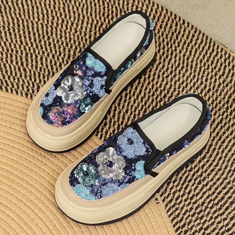 亮片福鞋女圆头2024春季新款高级感厚底一脚蹬防滑休闲大码单鞋女