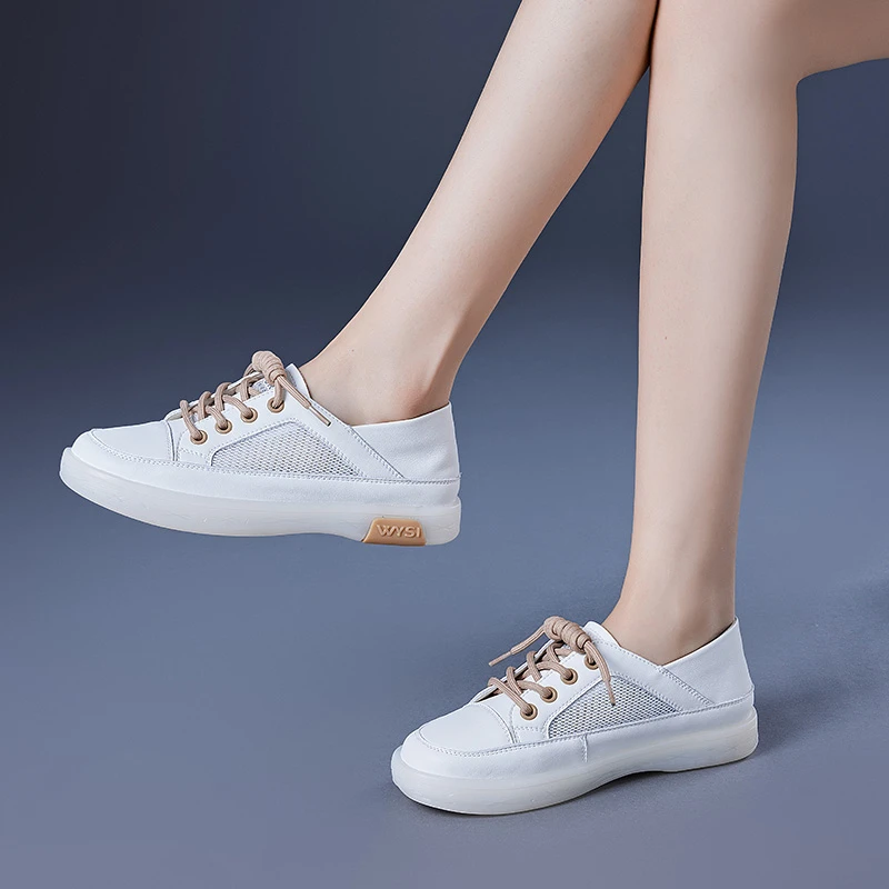 真皮女鞋2025新款软底鞋子夏季平底小白鞋透气网面一脚蹬舒适百搭