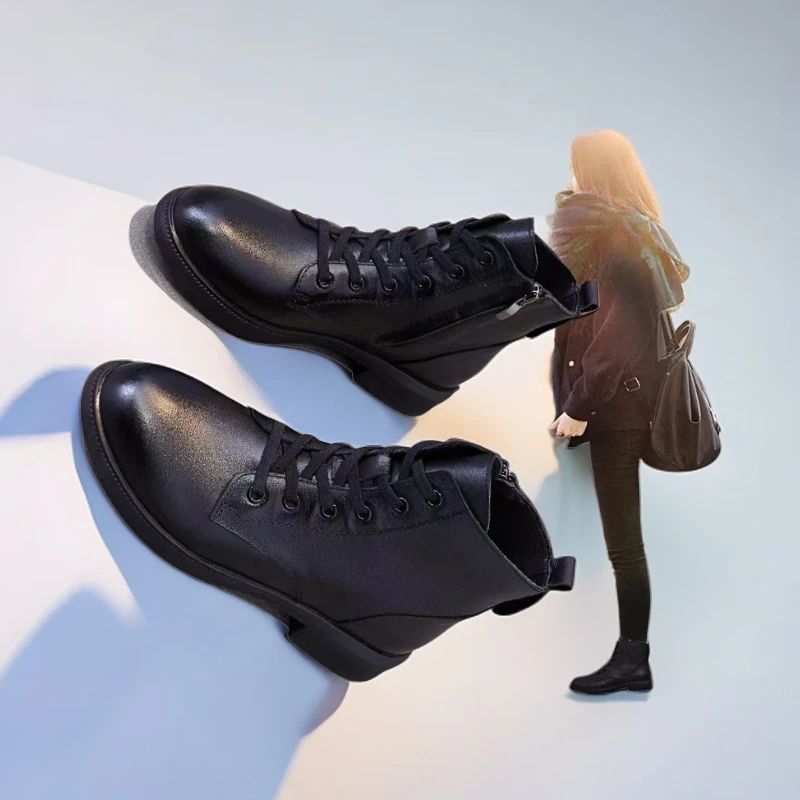 真皮马丁靴女秋冬加绒加厚黑色靴子2024新款百搭平底大码粗跟短靴