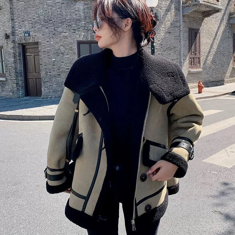 高级感皮毛一体机车服外套女秋冬2024新款设计加绒加厚百搭小众