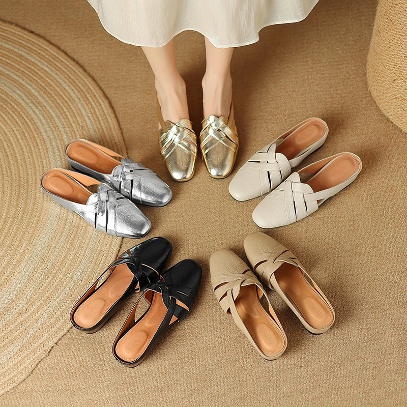 半坊手工女鞋|34-39|3.5cm|法式复古圆头真皮镂空粗跟包头凉拖鞋