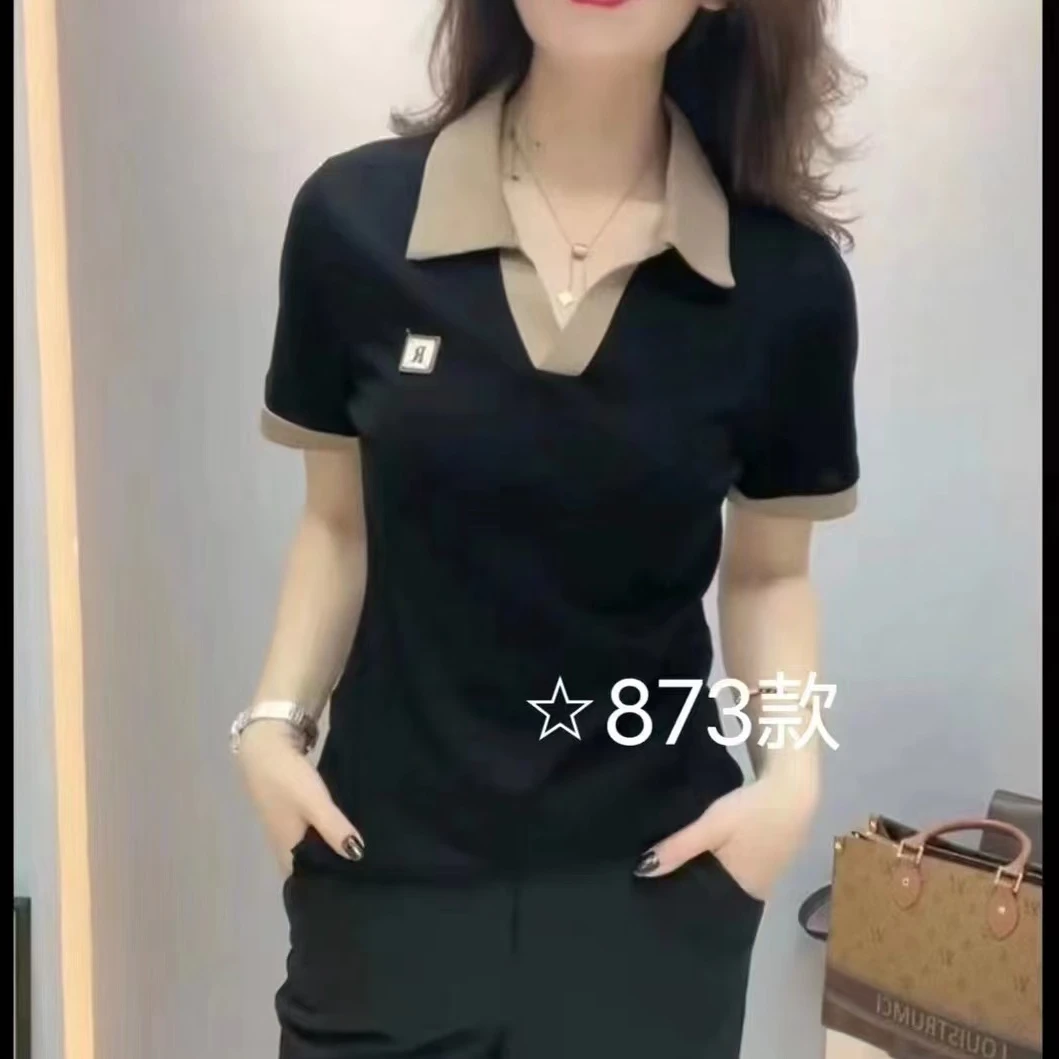 时尚百搭休闲纯色显瘦气质夏季洋气翻领T恤