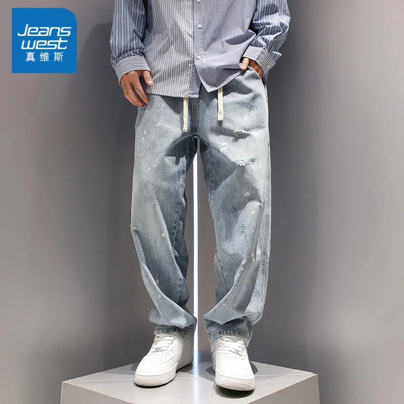Jeanswest/真维斯水直筒牛仔裤春秋款松紧腰潮牌时尚流行长裤