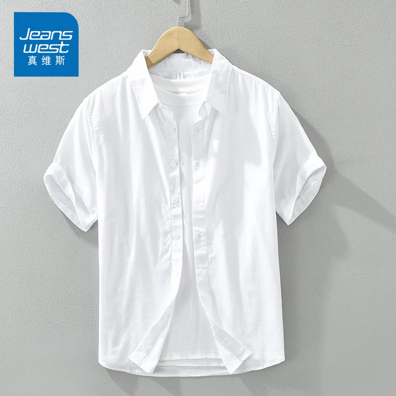 Jeanswest/真维斯亚麻短袖衬衫夏季薄款男士宽松百搭简约半袖衬衣