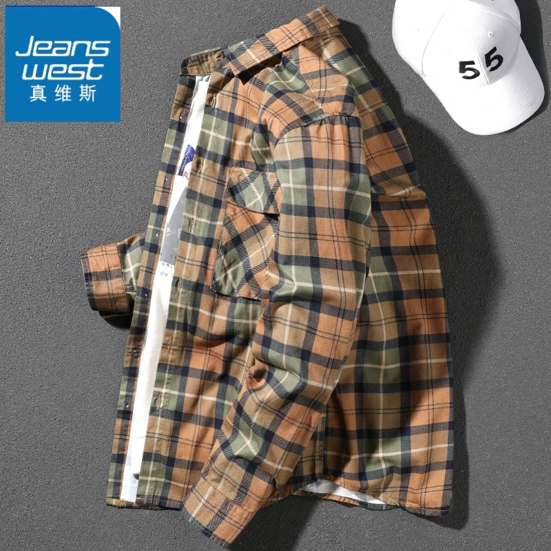Jeanswest/真维斯男款帅气格子衬衣男薄款长袖外穿上衣春秋季宽松