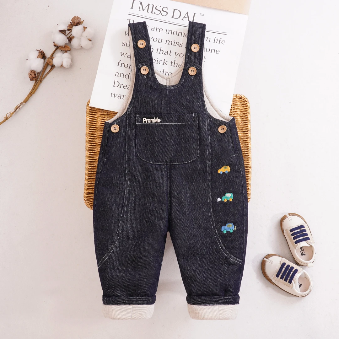 宝宝夹棉背带裤薄棉秋冬季男女童可爱0-4岁婴儿刺绣小汽车牛仔裤