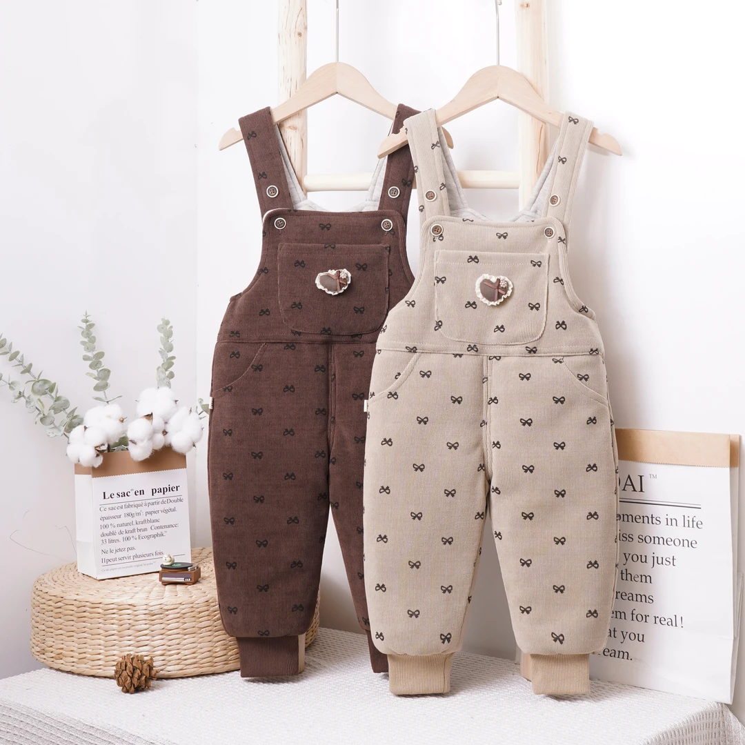 宝宝背带棉裤冬上新款蝴蝶结洋气女童夹棉加厚柔软儿童婴儿直筒裤