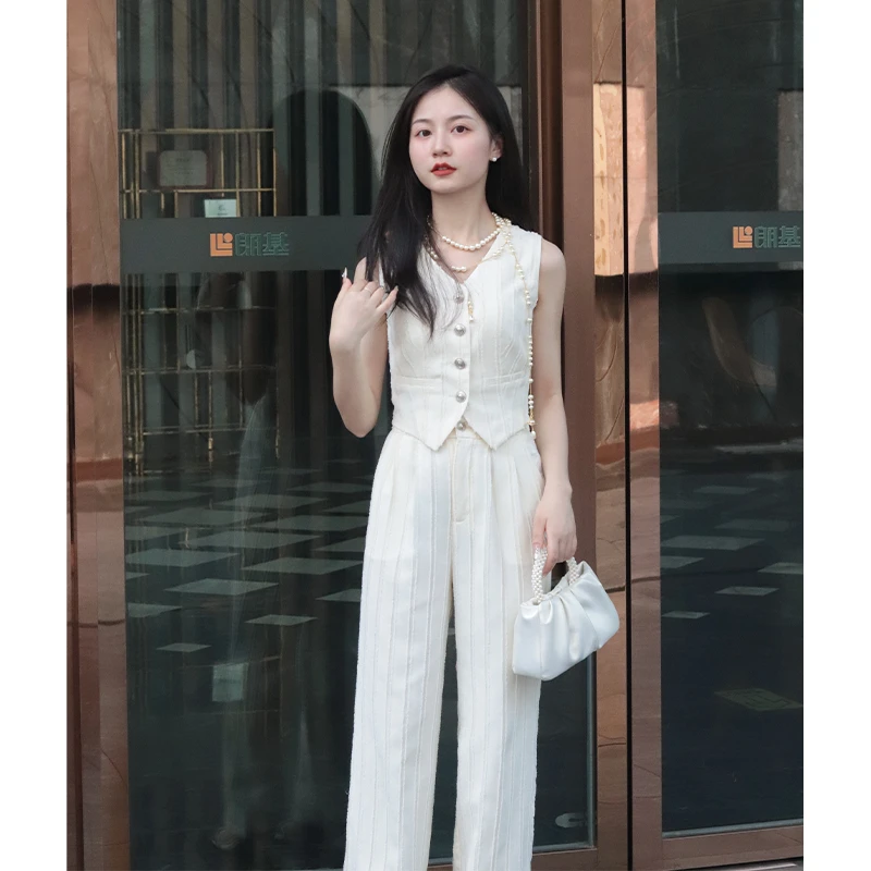 【纱之诗笺】小个子改版定制夏季气质潮流条纹剪花无袖马甲套装女