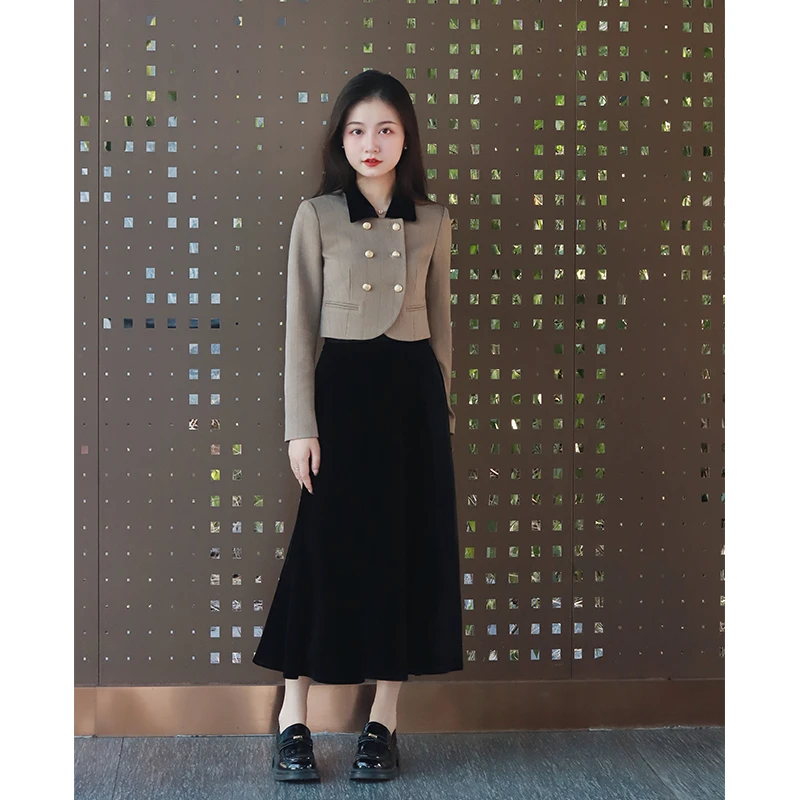 【摩登探戈】150cm小个子秋季显瘦轻奢丝绒半身裙小香风两件套女