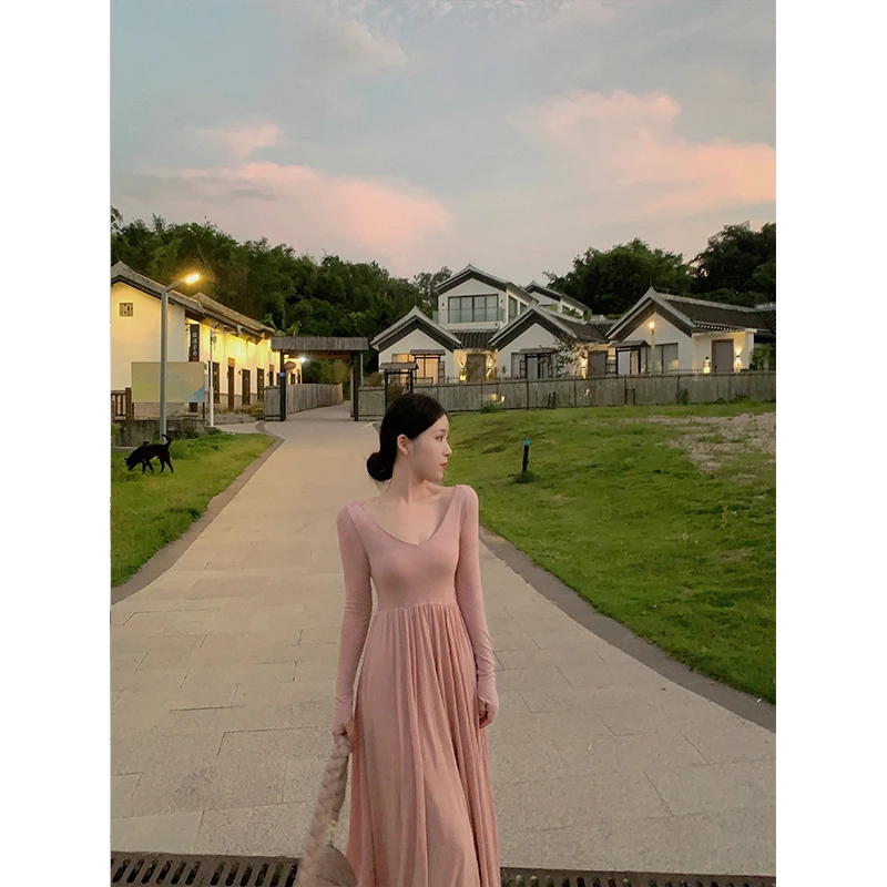 ZNGSHOP女装（清仓款） 春季芭蕾风高腰针织背心长袖毛衣连衣裙