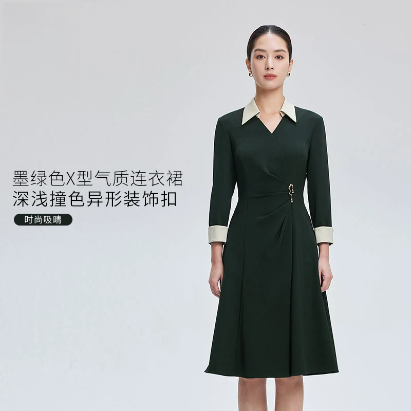 赢智尚秋女爆款高级西装连衣裙墨绿X型气质撞色中长裙ZF02764