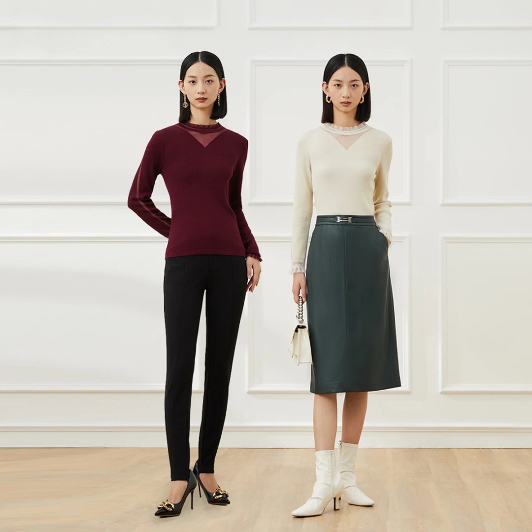 赢智尚优雅领口拼接精致浪漫百搭绵羊毛针织衫女ZZ00147/ZZ00164