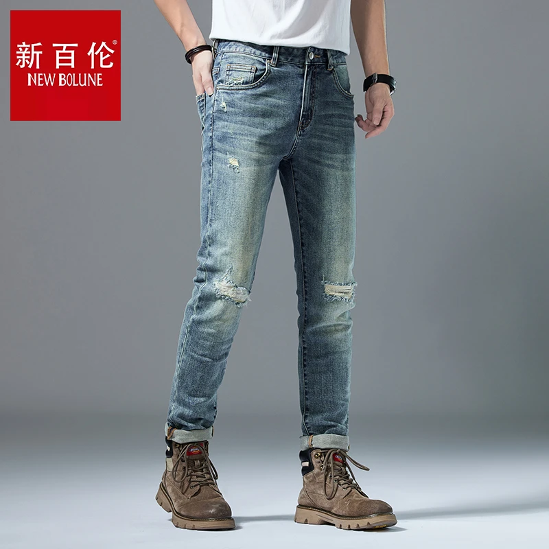 新百伦牛仔裤时尚男士牛仔直筒休闲破洞修身弹力复古潮流百搭裤子