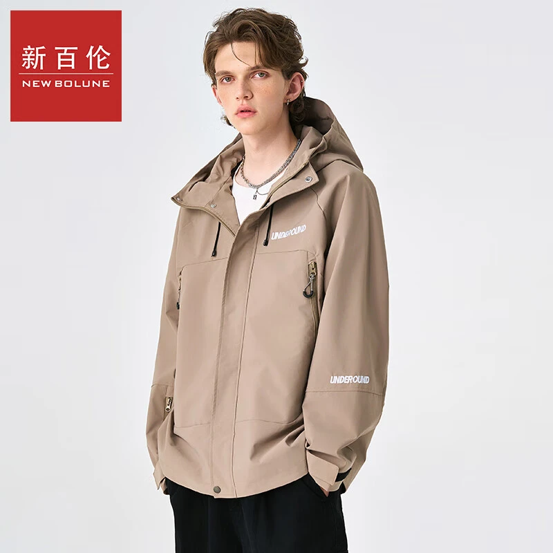 新百伦春新款美式复古工装户外夹克情侣连帽拉链纯色休闲宽松外套