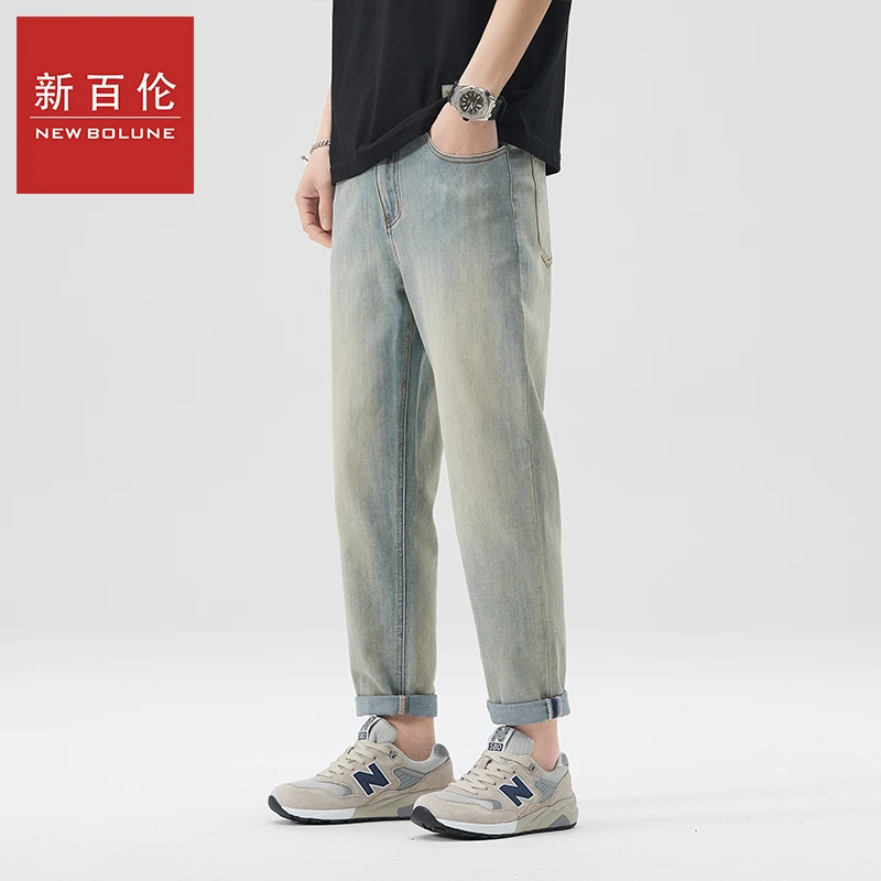 新百伦牛仔九分裤男秋冬新款韩版潮流修身小直筒弹力黄泥色休闲百