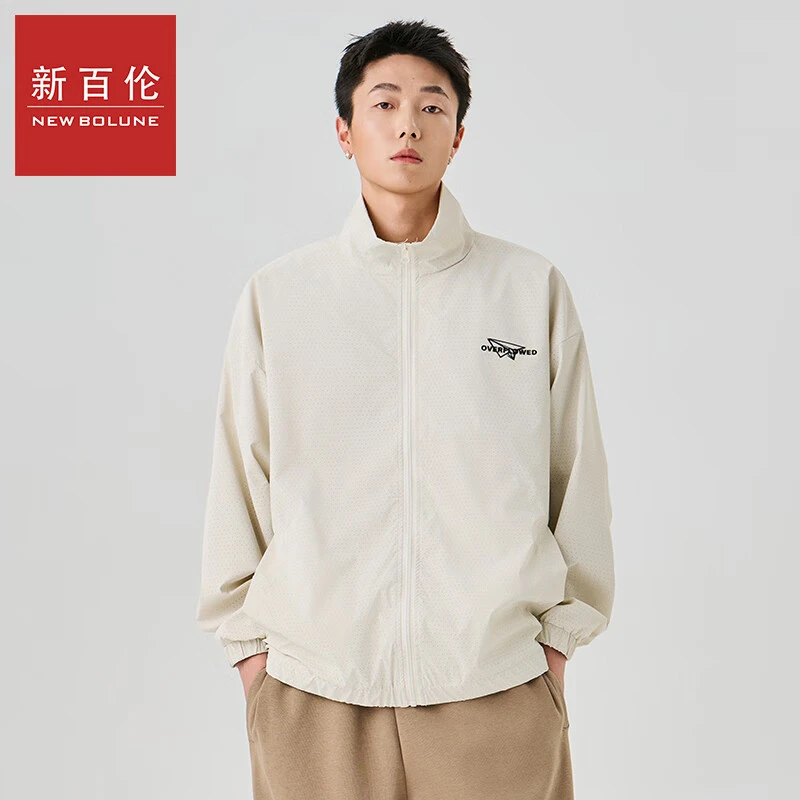 新百伦春季款美式潮款立领网格PU皮夹克印花宽松百搭时尚上衣外套