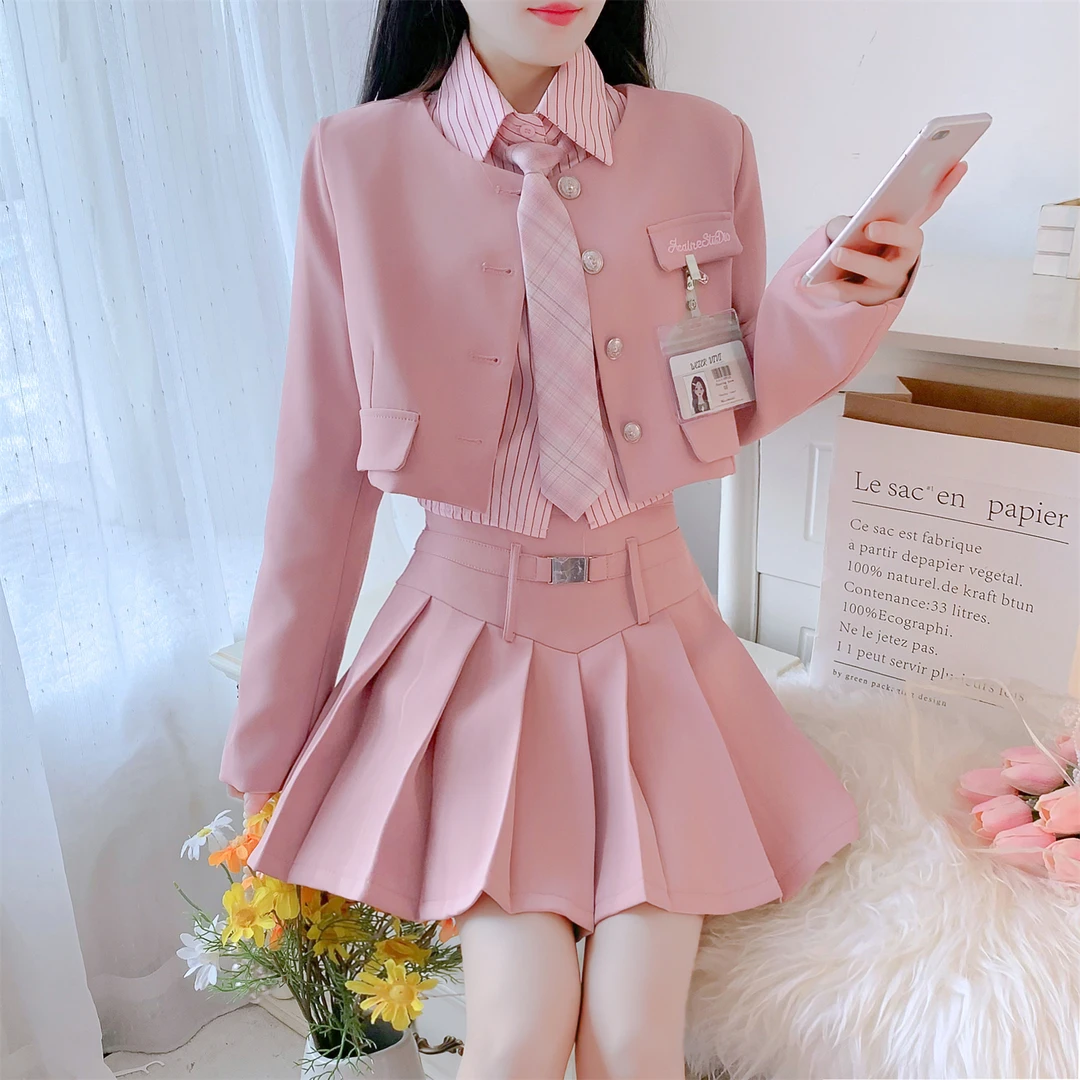 英伦学院风jk制服西装百褶裙网红炸街三件套秋装新款小个子套装女