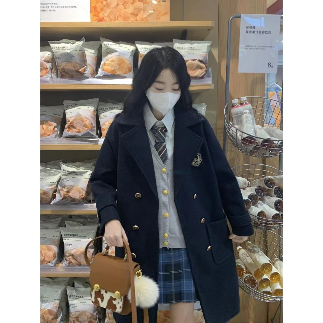 夹棉加厚冬季jk呢子大衣中长款2024新款徽章双排扣毛呢外套学院风