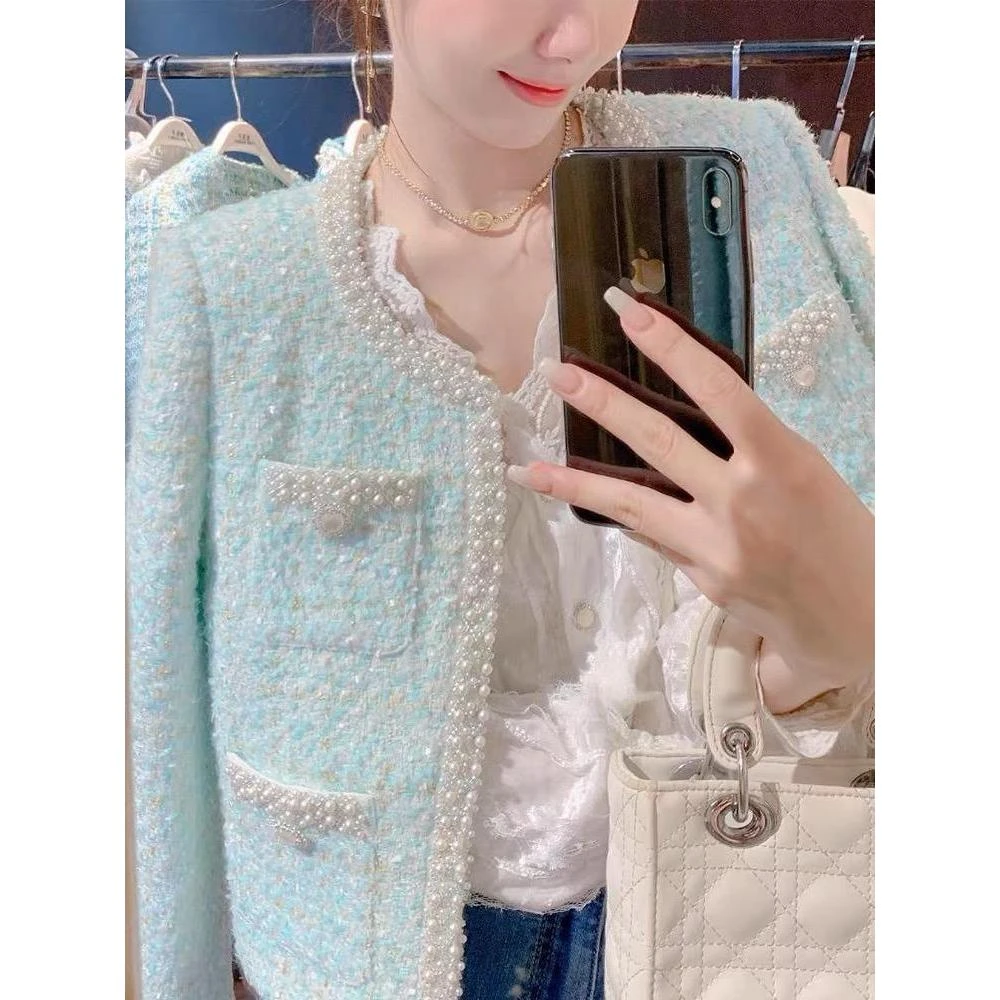 小香风短外套女高级感气质时尚重工钉珠粗花呢外套秋冬2023新款