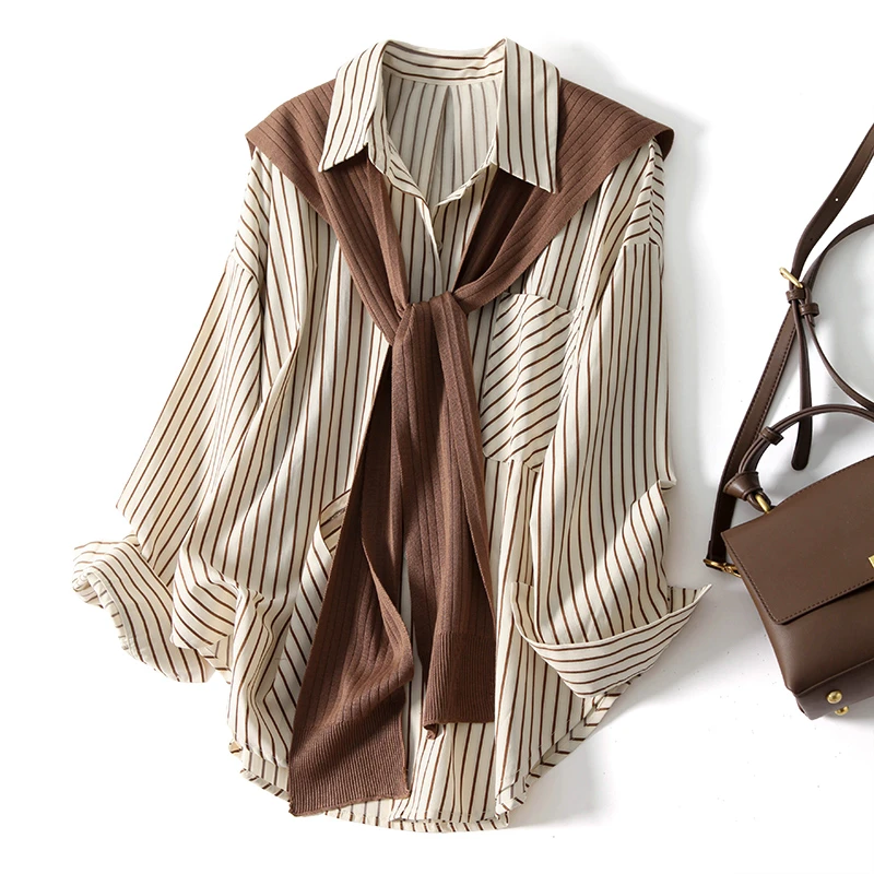 法式设计感条纹衬衫女夏休闲针织披肩两件套上衣显瘦减龄防晒衬衣
