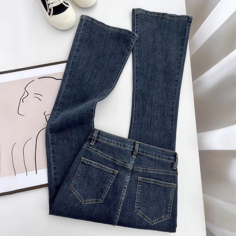 小个子蓝灰色微喇牛仔裤女2025秋冬加绒高腰弹力修身显瘦喇叭裤子