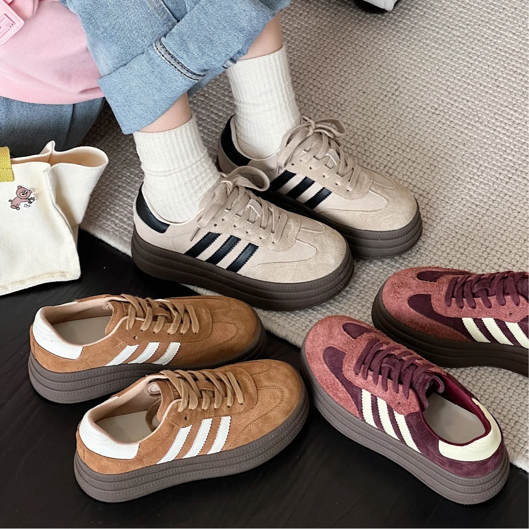 B·MANXIU真皮拼色德训鞋女2024新款厚底增高休闲运动板鞋百搭