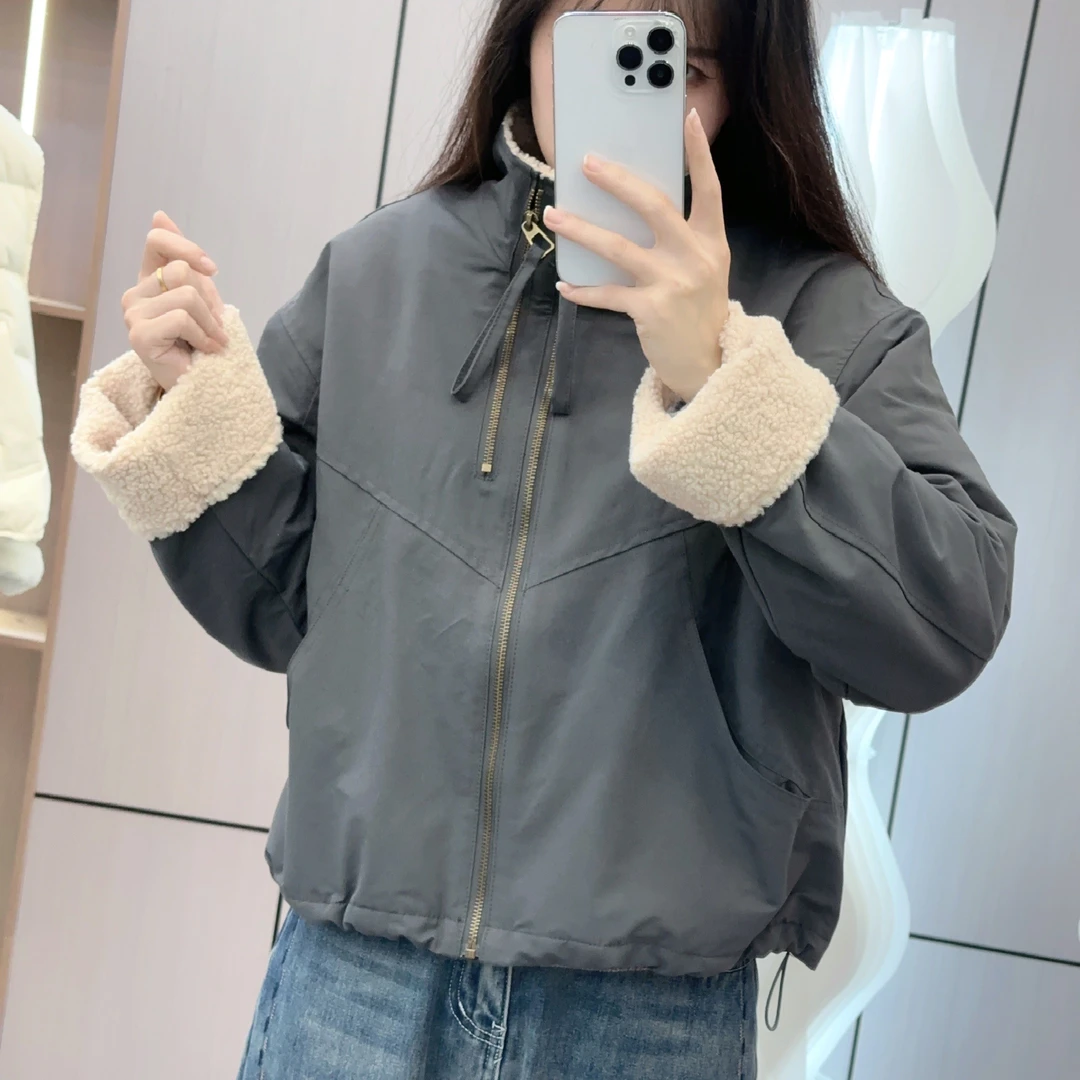 7451短款派克服女2024冬款韩系休闲宽松小个子毛毛拼接棉服外套