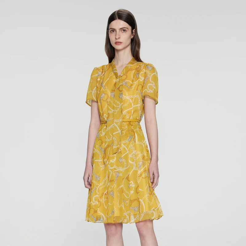 Scofield女装优雅印花短袖休闲连衣裙2024夏季新款度假穿搭高能感