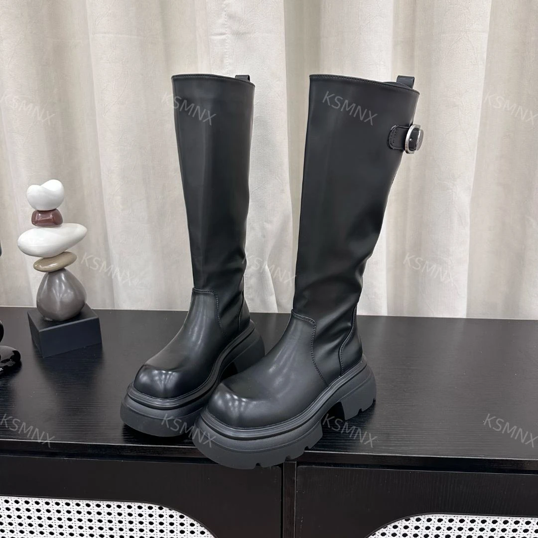小众设计厚底不过膝高筒靴24新款方头酷辣机车骑士靴女长靴
