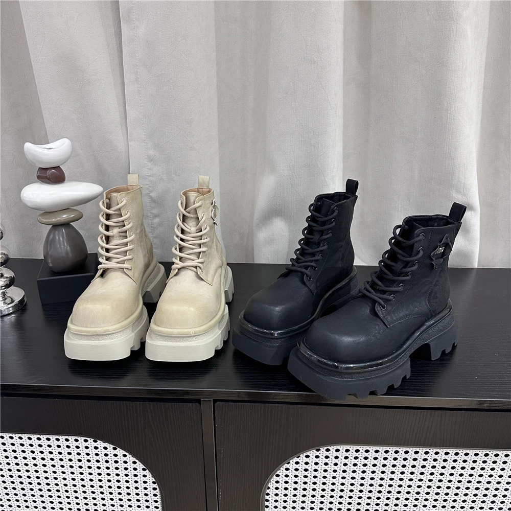 松糕厚底711-1系带马丁靴复古擦色皮机车靴帅气百搭显瘦字母设计