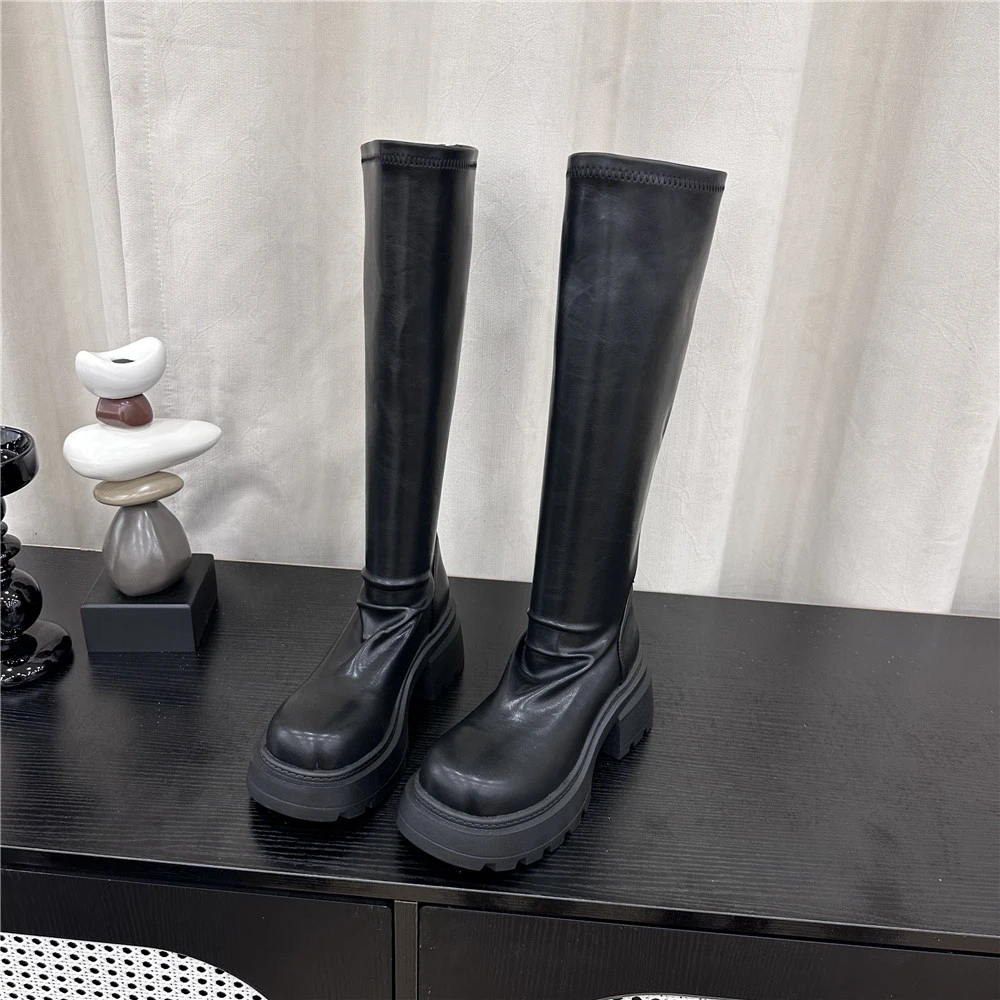 不过膝长靴2024新款厚底褶皱倒靴后拉链设计显瘦高筒靴骑士靴女靴