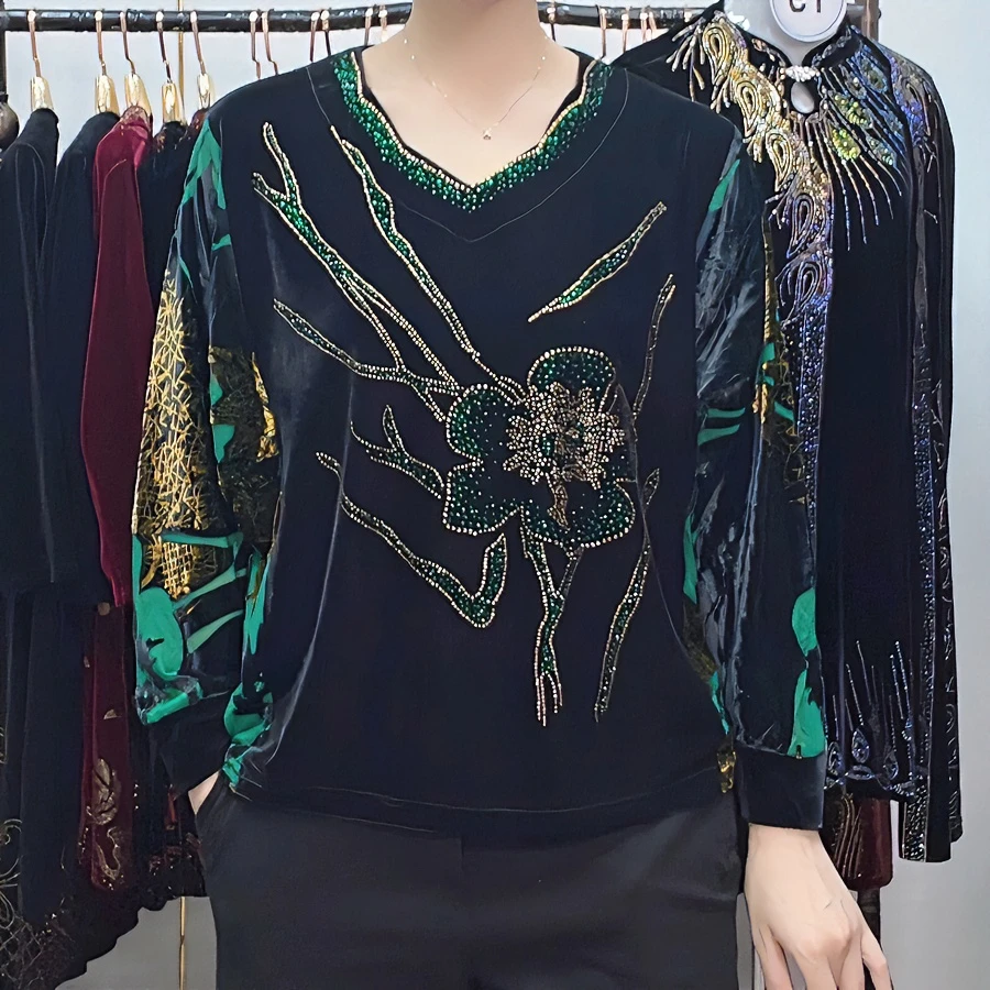 时尚显瘦洋气烫钻百搭加肥加大蝙蝠衫妈妈装8013