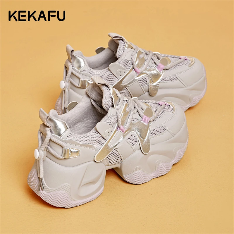 珂卡芙厚底小个子内增高老爹鞋女2025秋季新款网面透气时尚运动鞋
