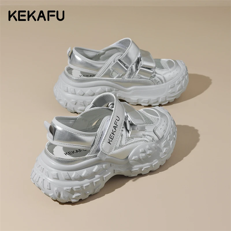 珂卡芙运动凉鞋女透气镂空厚底2025夏季新款魔术贴网面榴莲老爹鞋