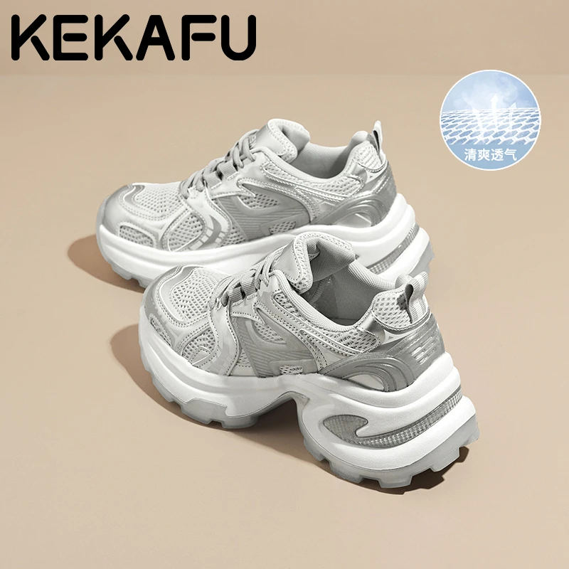 珂卡芙6.5cm增高老爹鞋2025秋季新款ins厚底网面透气休闲鞋运动鞋