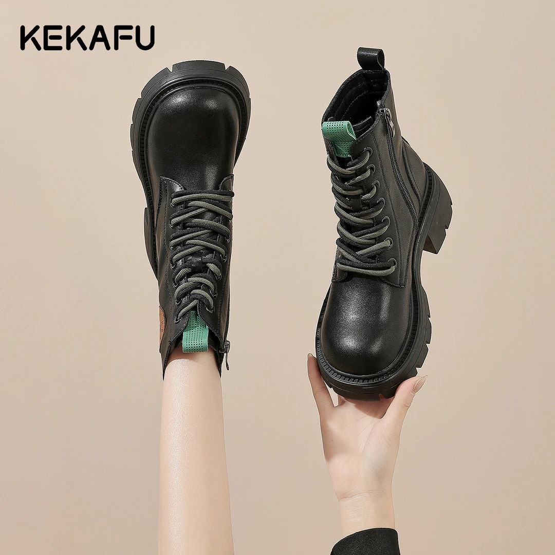 珂卡芙复古厚底马丁靴女真皮2025冬季新款英伦大头短靴侧拉链单靴