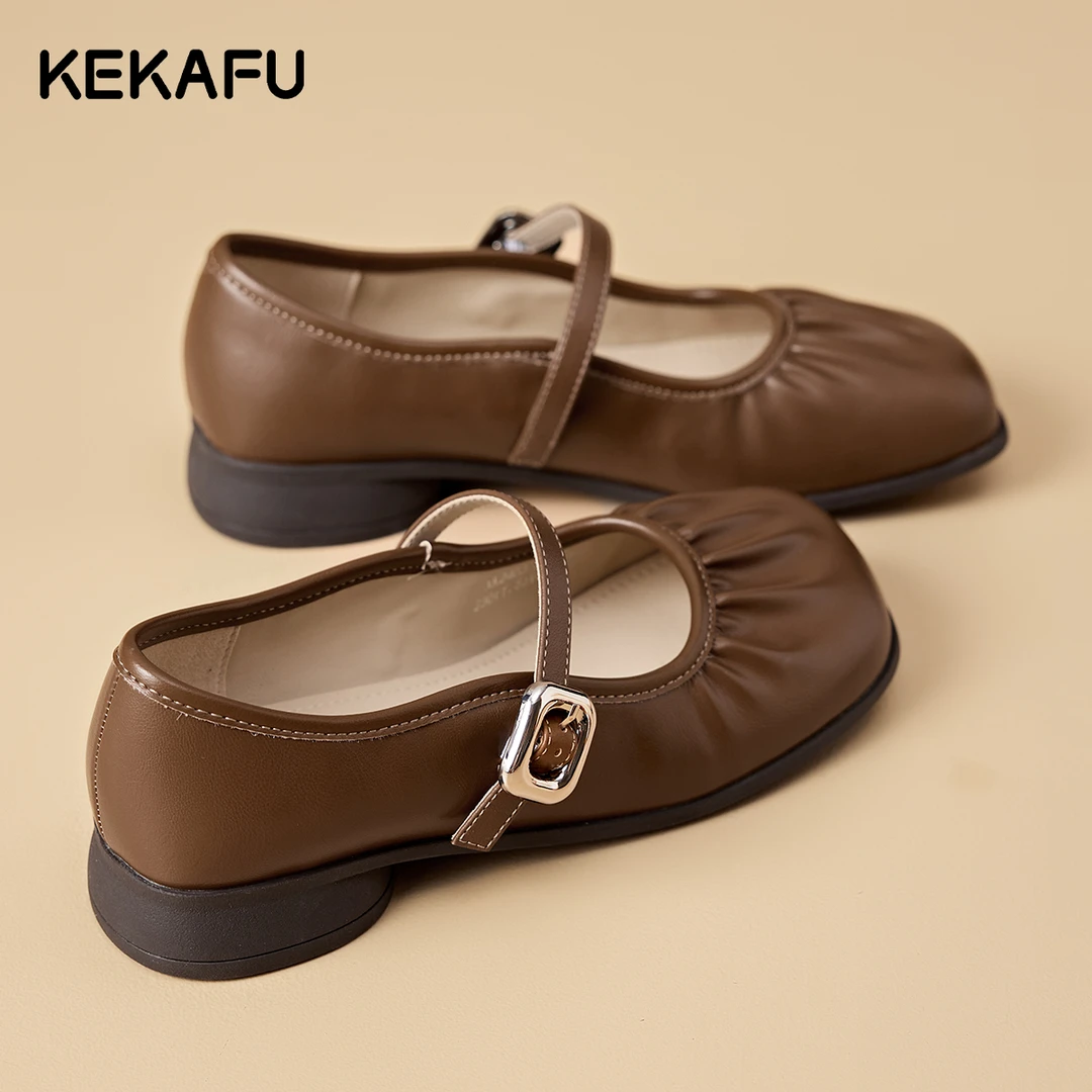 珂卡芙法式玛丽珍鞋气质仙女风褶皱软皮奶奶鞋一字带平底芭蕾舞鞋