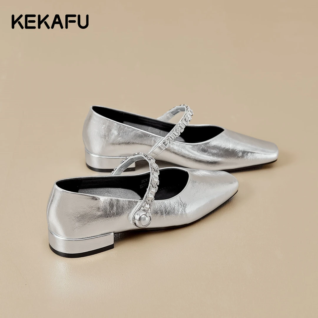 珂卡芙银色玛丽珍小皮鞋女2025新款秋季配裙子复古温柔风粗跟单鞋