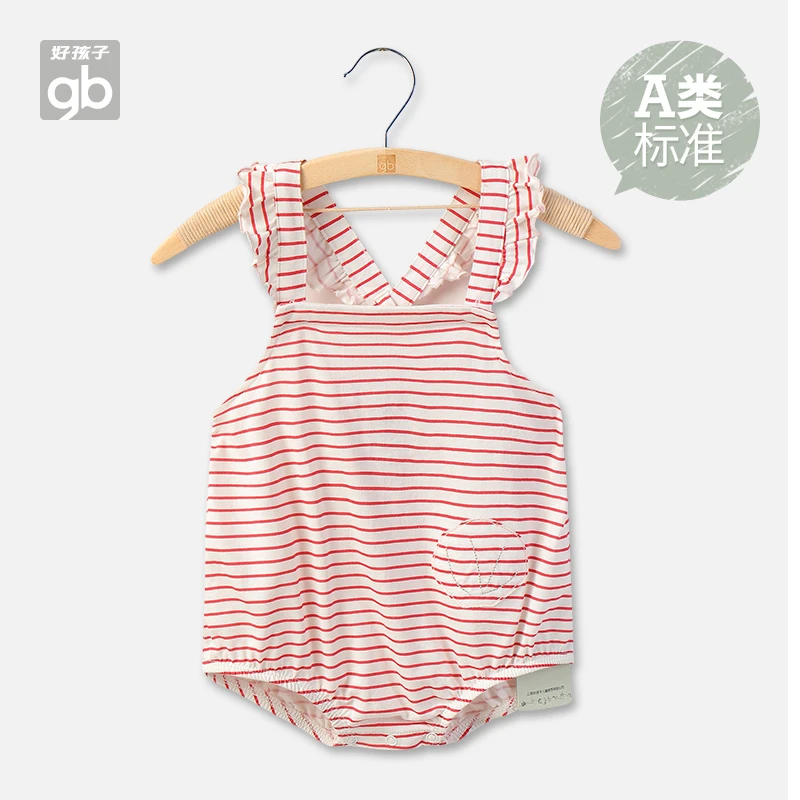 GB好孩子童装女宝新生儿哈衣无袖吊带包屁衣简约薄款连体衣