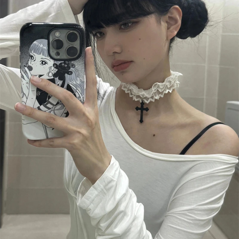 非金属布艺项链 甜酷少女蕾丝十字架吊坠项圈性感辣妹项链锁骨链