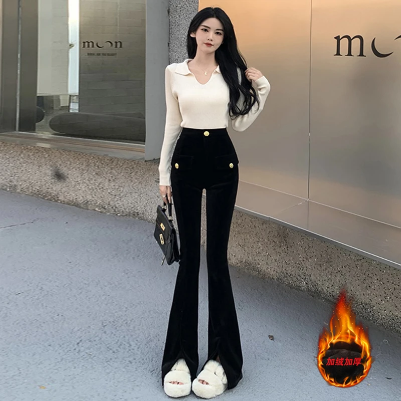 黑色灯芯绒裤子女秋冬加绒加厚开叉喇叭裤高腰显瘦垂坠感小黑裤潮