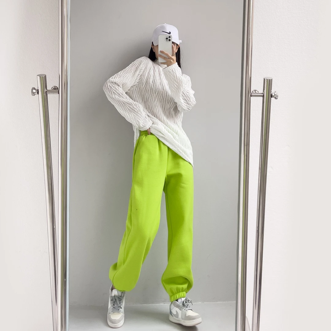 荧光绿运动裤女2024款卫裤美式束脚卫裤直筒宽松休闲裤欧货哈伦裤